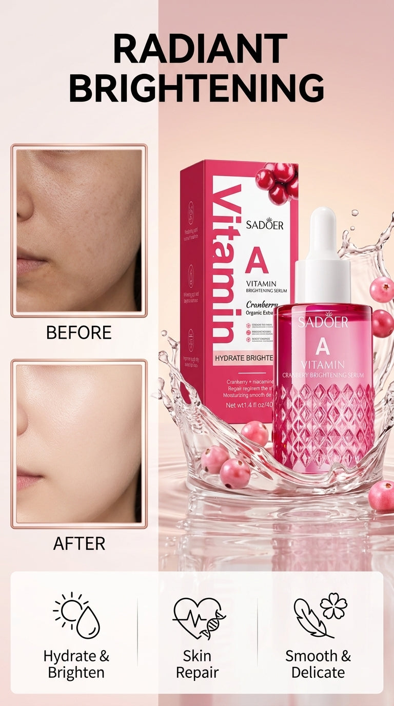 SADOER Vitamin A Cranberry Brightening Serum with Niacinamide & Hyaluronic Acid | Hydrating Face Serum for Dry & Dull Skin | 40ml